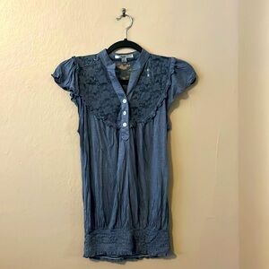 Papaya Blue Gray Lace Ruffle Flutter Sleeve Lace Top S